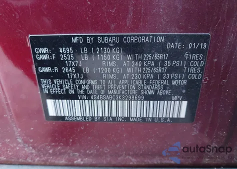 2019 Subaru Outback 2.5I z USA, uszkodzony, nr VIN 4S4BSABC3K3298699